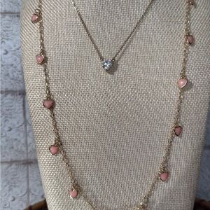 Gold Chain Dangle Pink Heart Necklace Layering Two Piece Set